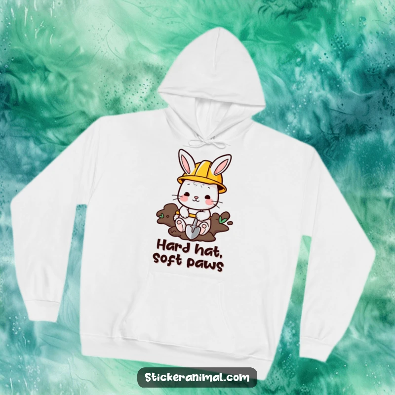 Funny Bunny Hoodie: A bunny in a tiny helmet digs with a shovel, conveying industriousness and humor for cozy wear.