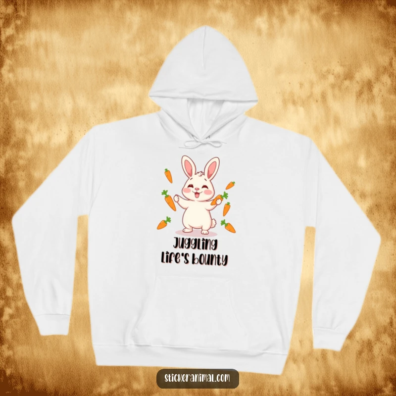 Funny giggling rabbit juggling carrots on a hoodie, offering cozy comfort and whimsical humor, an excellent funny gift.