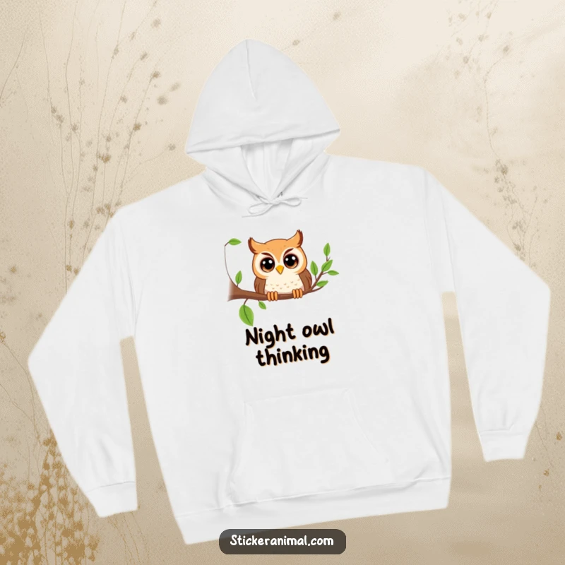 Funny playful owl with big eyes peeking from a branch on a hoodie, offering cozy comfort and whimsical humor, an excellent funny gift.