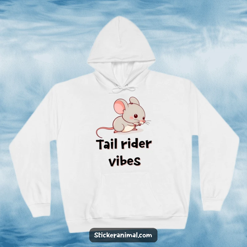 Funny hoodie featuring a mischievous mouse sliding down a tail, offering cozy comfort and a humorous, playful design.