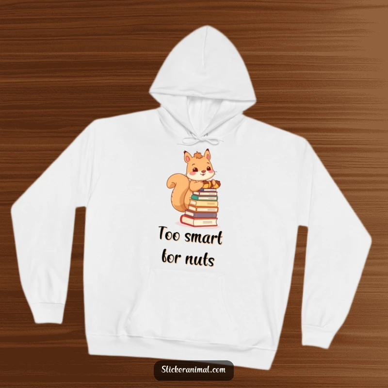 Funny hoodie showcasing a charming squirrel character balancing a precarious stack of acorns that look like books, ideal for cozying up.