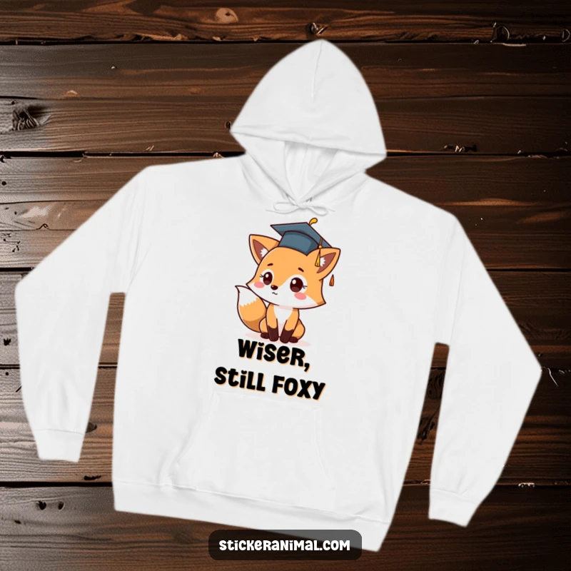 Funny hoodie with a cute fox wearing a graduation cap, captured mid-air toss, symbolizing joy and academic triumph.