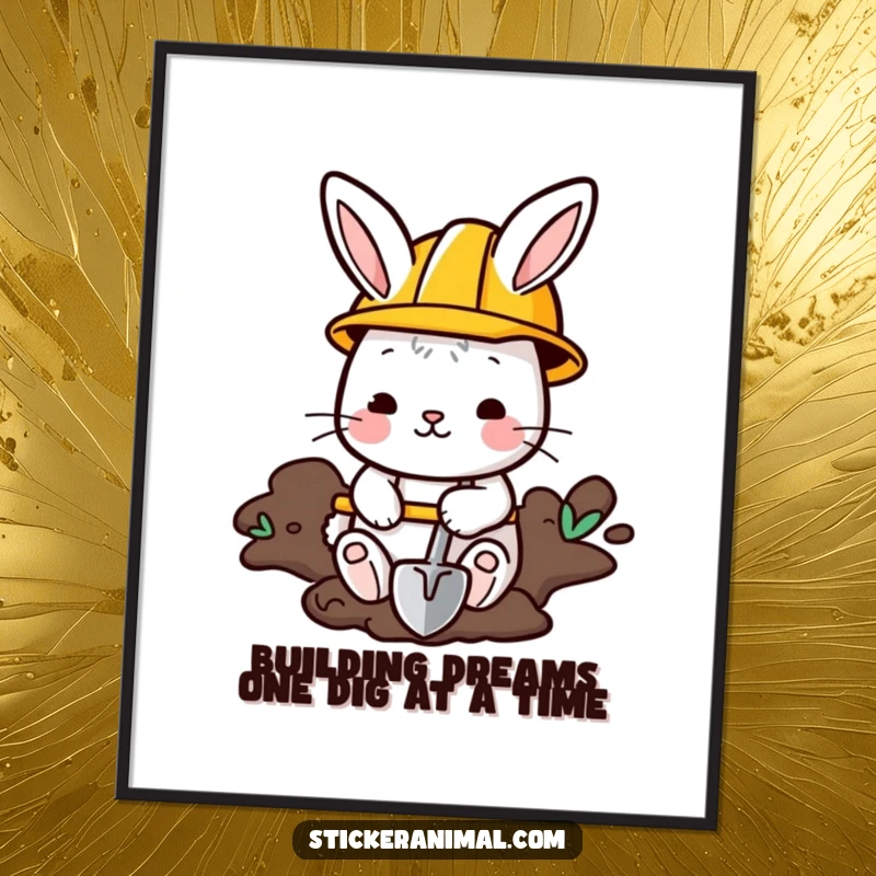 Funny free printable wall art: A bunny in a tiny construction helmet digs with a shovel, full of cheerful determination. Cute kids decor.