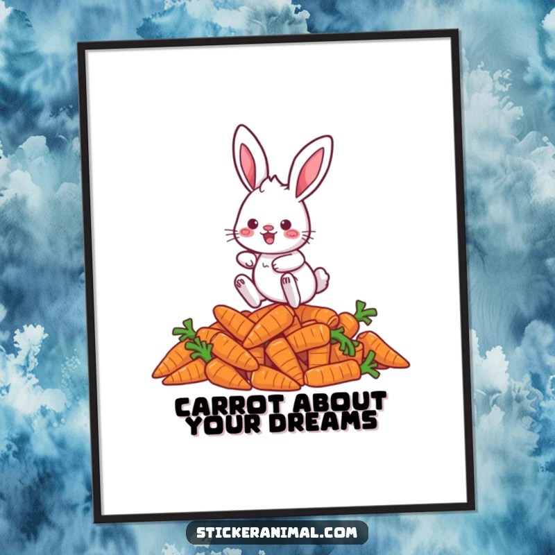 Funny Free Printable Wall Art: A cute rabbit character in mid-air, playfully leaping over a heap of vibrant carrots.