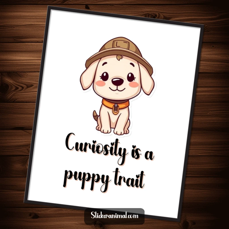 Funny Free Printable Wall Art: A smiling puppy wearing a tiny explorer hat, gazing curiously into the distance.