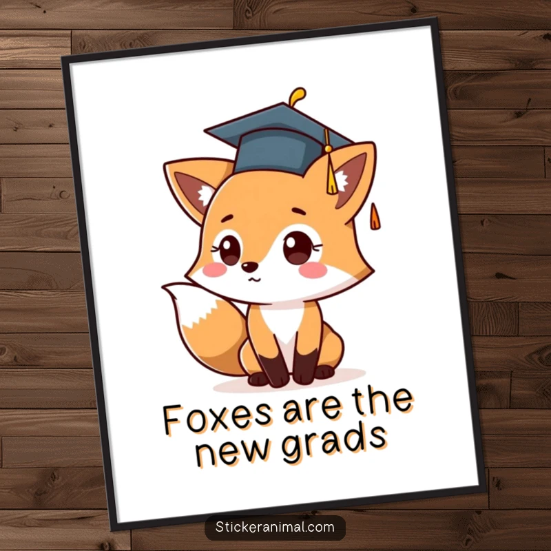 Funny Free Printable Wall Art: A cute fox character in a graduation cap, joyfully tossing it in the air.