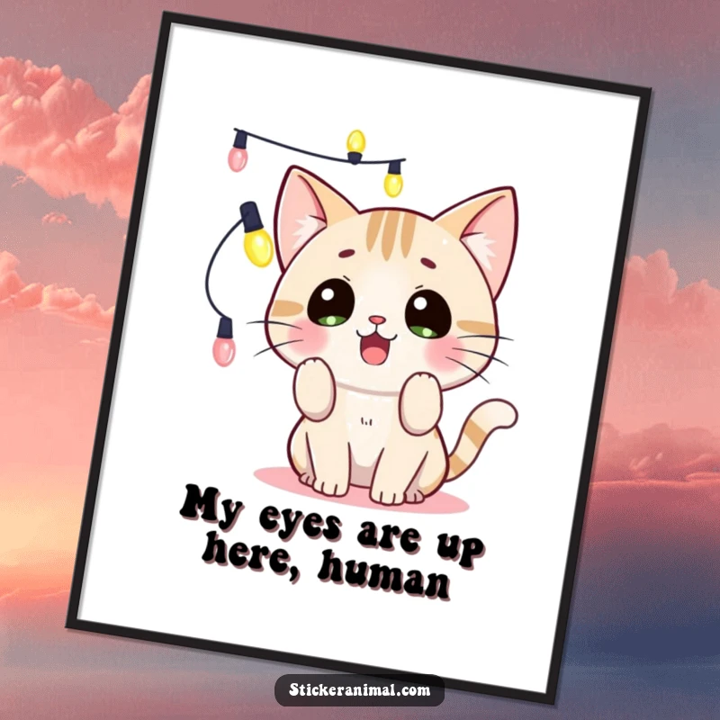 Funny Free Printable Wall Art: Surprised cat entangled in a string of festive lights, creating whimsical home decor.