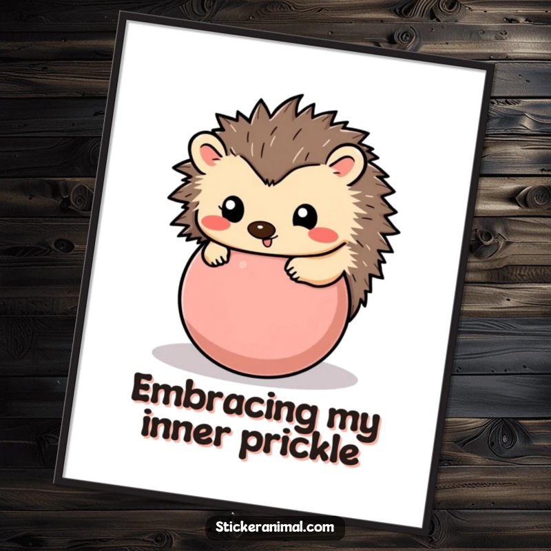 Funny Free Printable Wall Art: A happy hedgehog perfectly rolled into a cute, round ball, radiating adorable charm and playful energy.