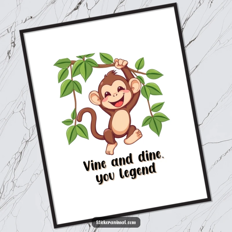 Funny Free Printable Wall Art: A cheerful monkey swinging joyfully from a vine, its giggling face radiating pure fun and energy.