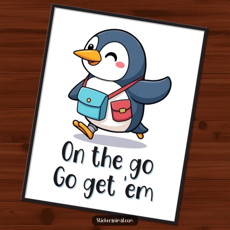 Funny Free Printable Wall Art: A determined penguin with a messenger bag running energetically, capturing a moment of vibrant motion.