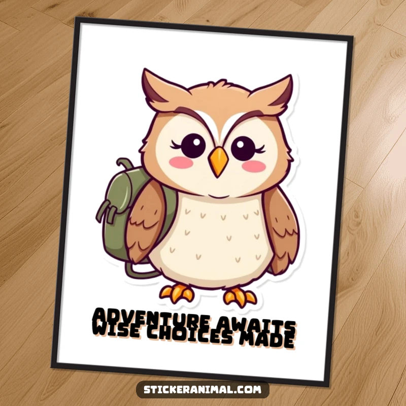 Funny Free Printable Wall Art: Cheerful owl with a small backpack is ready for adventure, inspiring wanderlust.