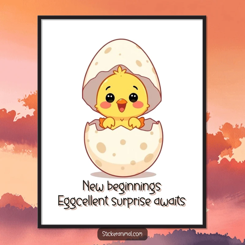 Funny Free Printable Wall Art: A surprised chick joyfully hatches from a giant speckled egg, radiating delight.