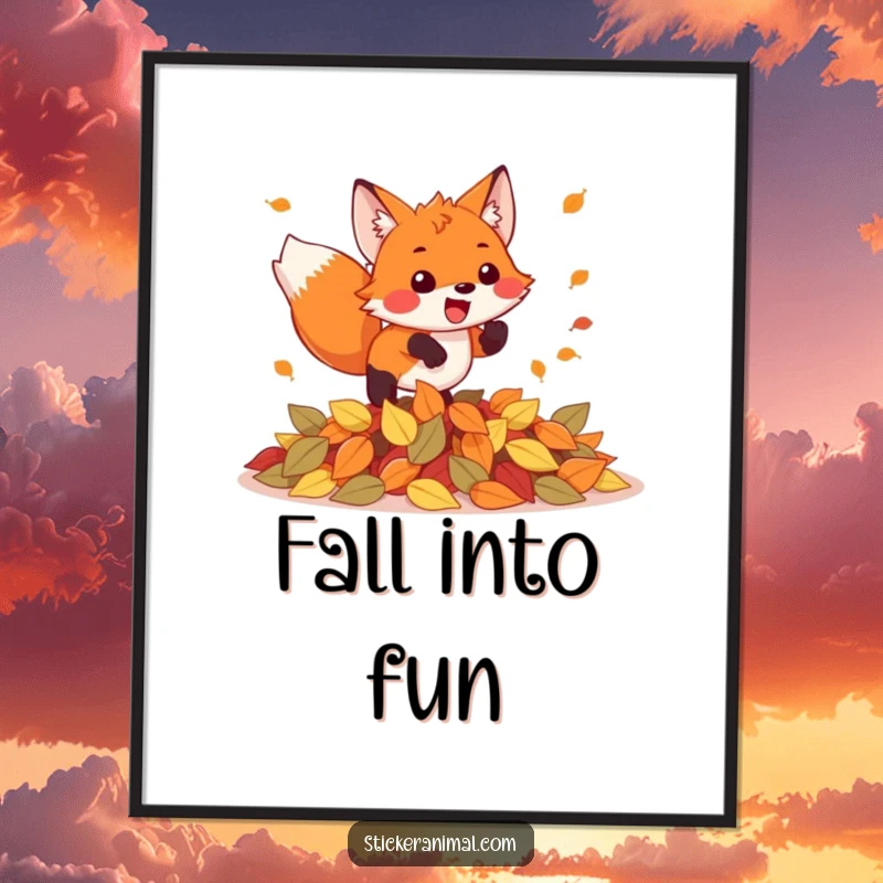 Funny Free Printable Wall Art: An energetic fox leaping with joy into a large pile of colorful fall leaves, artistic and fun.