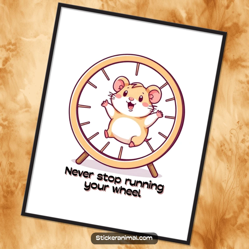 Funny Free Printable Wall Art: A comical hamster character running at top speed inside a giant, blurred spinning wheel.