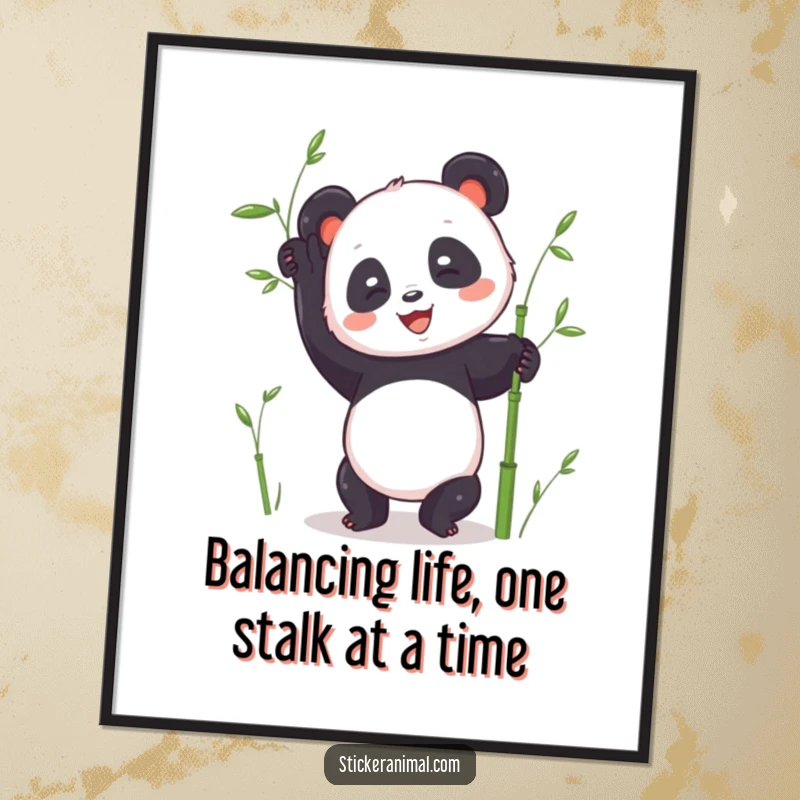Funny Free Printable Wall Art: A cheerful panda performs a stable handstand amidst lush bamboo stalks.