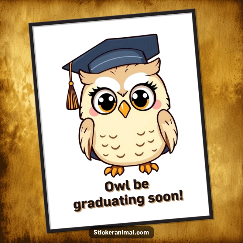 Funny Free Printable Wall Art: A surprised owl with wide eyes wearing a graduation cap, looking shocked at its achievement.