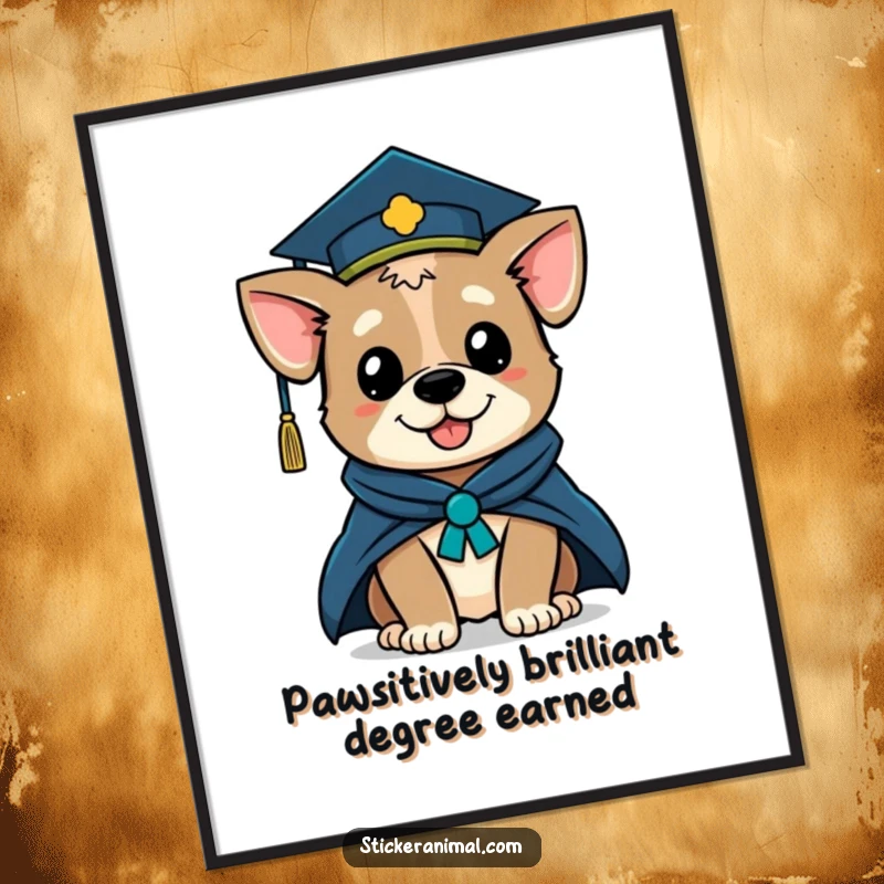 Funny free printable wall art: A distinguished dog in a graduation cap and robe offers a playful wink.