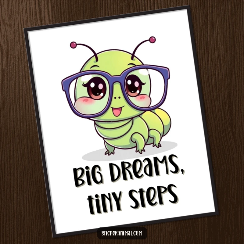 Funny free printable wall art showing a wriggling caterpillar comically trying to put on a pair of oversized glasses, creating a humorous scene.