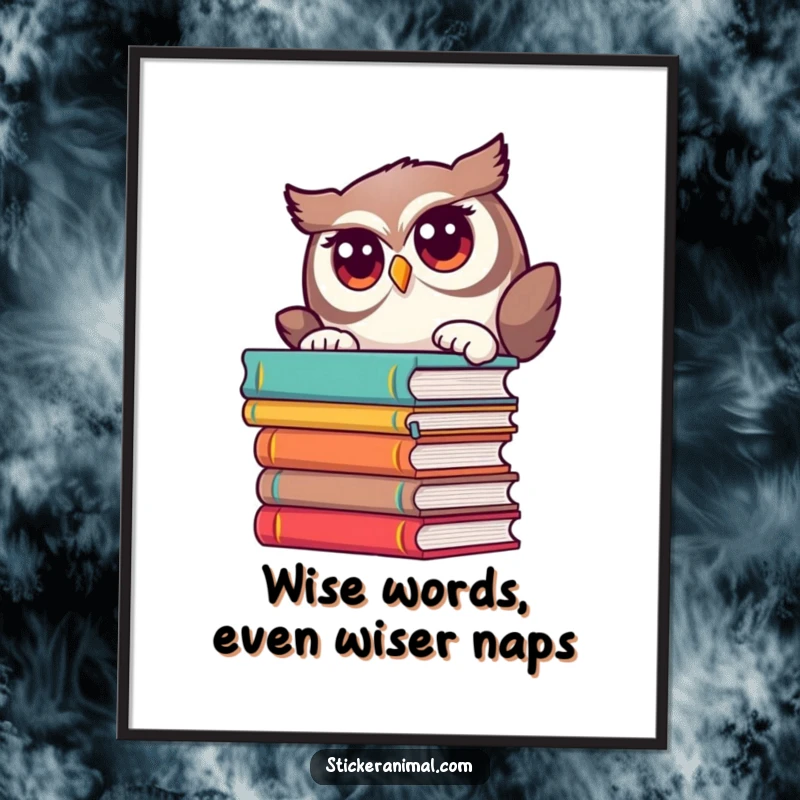 Funny free printable wall art showing a curious owl peeking from behind a tall stack of books, adding a humorous, literary vibe.