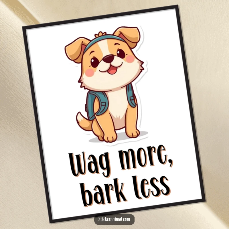 Funny Free Printable Wall Art: A happy dog with a tiny backpack, bouncing with excitement for a grand adventure.