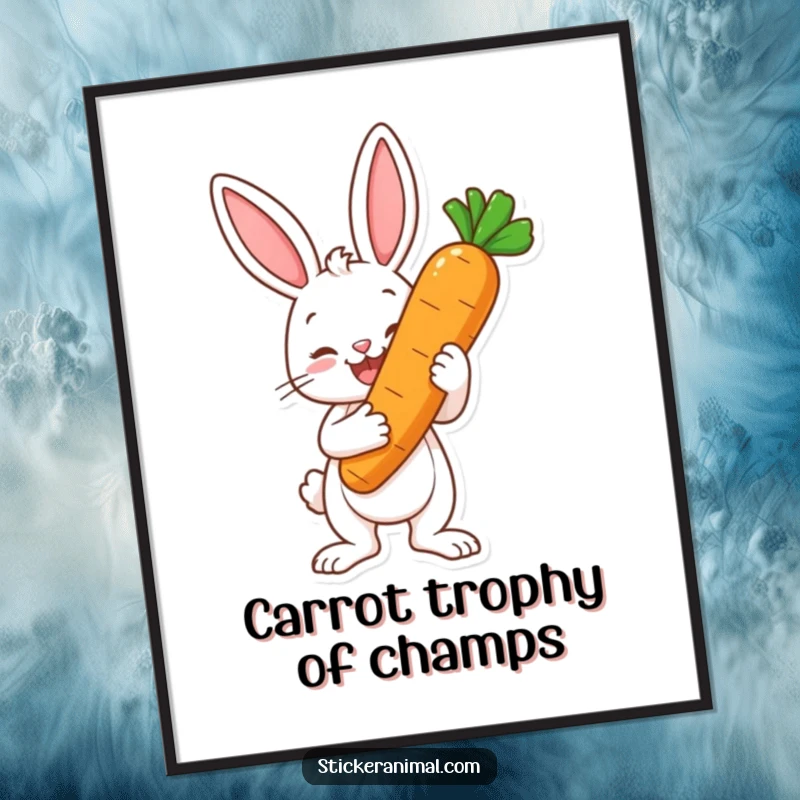 Funny Free Printable Wall Art: A happy bunny character proudly holds up a giant carrot like a shiny trophy.