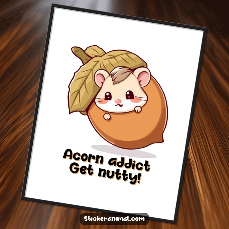 Funny Free Printable Wall Art: A mischievous hamster character peeking playfully from behind a giant, impressive acorn.