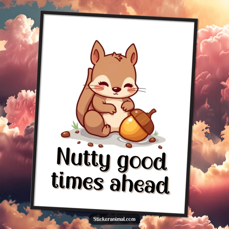 Funny Free Printable Wall Art depicting a mischievous squirrel with a shiny acorn, ready for its next secret burying mission.