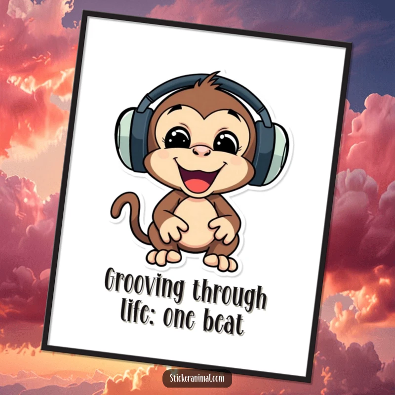 Funny Free Printable Wall Art: A playful monkey wearing oversized headphones enthusiastically bops its head to an unseen rhythm.