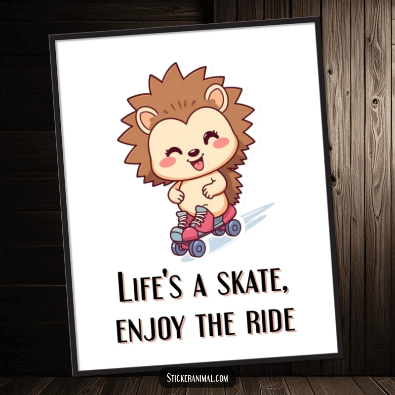 Funny Free Printable wall art of a smiling hedgehog wearing roller skates and speeding across the frame, adding a playful vibe.