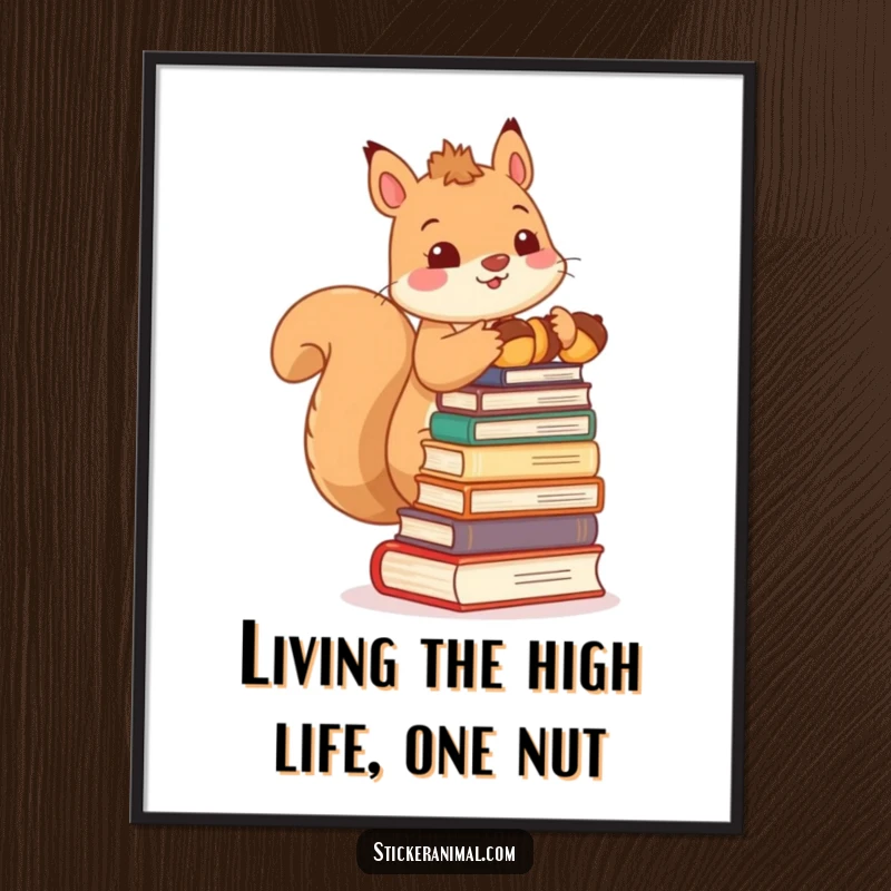 Funny free printable wall art: A quirky squirrel balances a huge stack of acorns, looking like a scholar.
