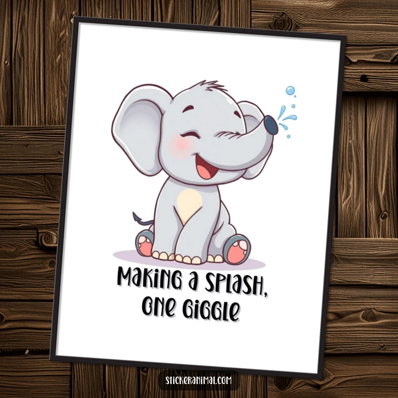 Funny Free Printable Wall Art: A giggling elephant calf sprays a stream of water from its trunk.