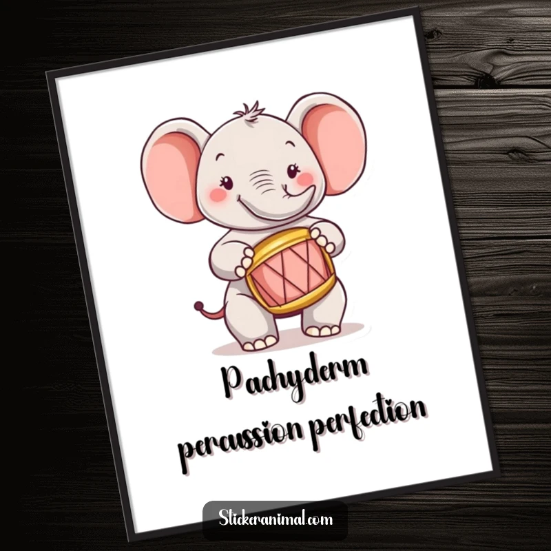 Funny Free Printable Wall Art: A joyful elephant character energetically playing a miniature drum, bringing rhythm to decor.