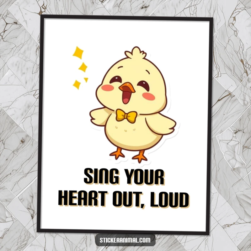 Funny Free Printable Wall Art: A cheerful chick wearing a yellow bow, belting out a happy song with all its might.
