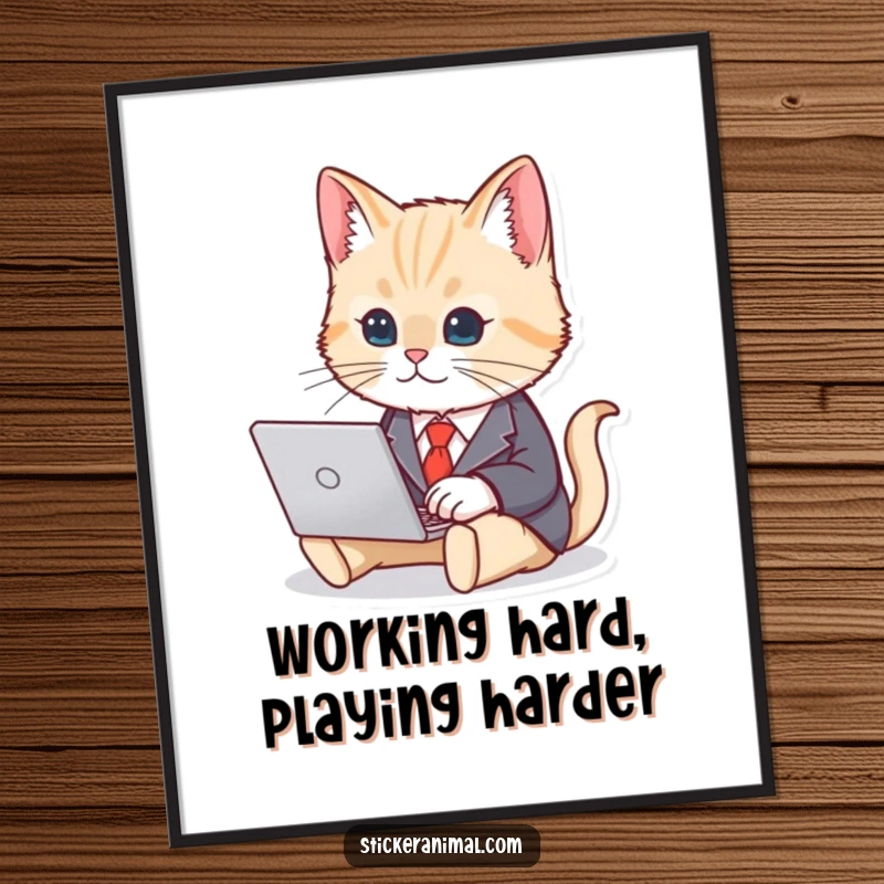 Funny Free Printable Wall Art: Cute Cat in Business Suit Typing on Laptop, Downloadable Professional Decor.