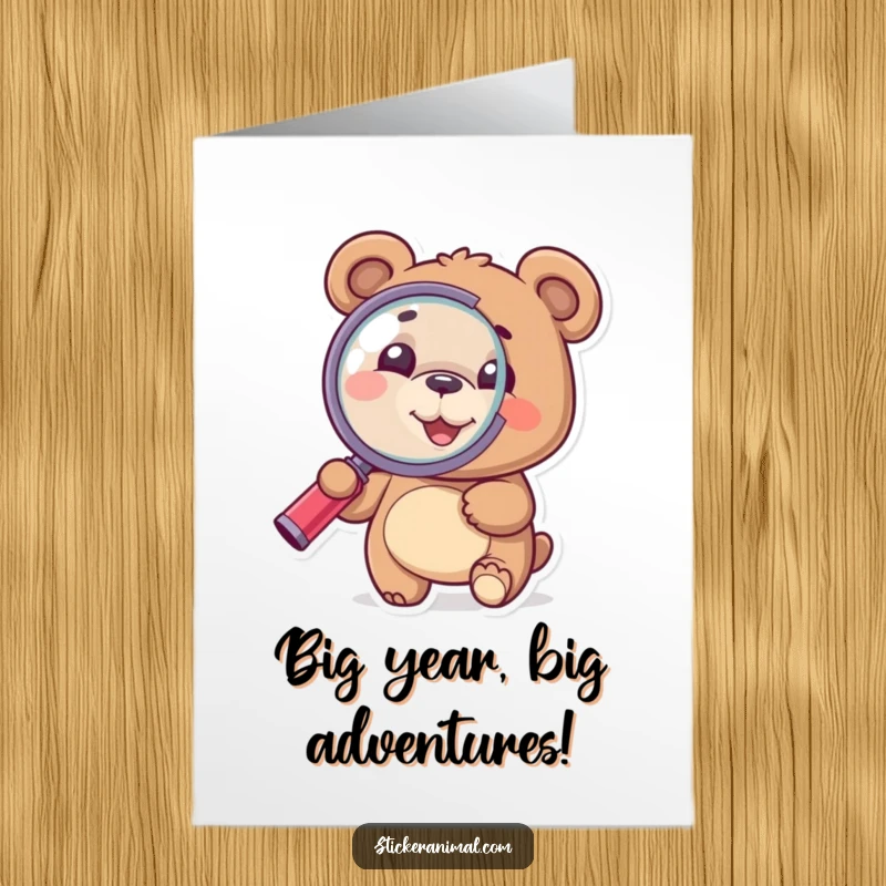 Funny free printable birthday card: A happy bear uses a magnifying glass to curiously examine something. Ideal for nature lovers.