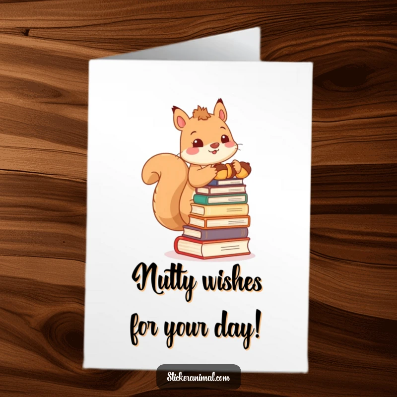 Funny free printable birthday card: Adorable squirrel humorously balances a stack of acorns like books, ready to celebrate.
