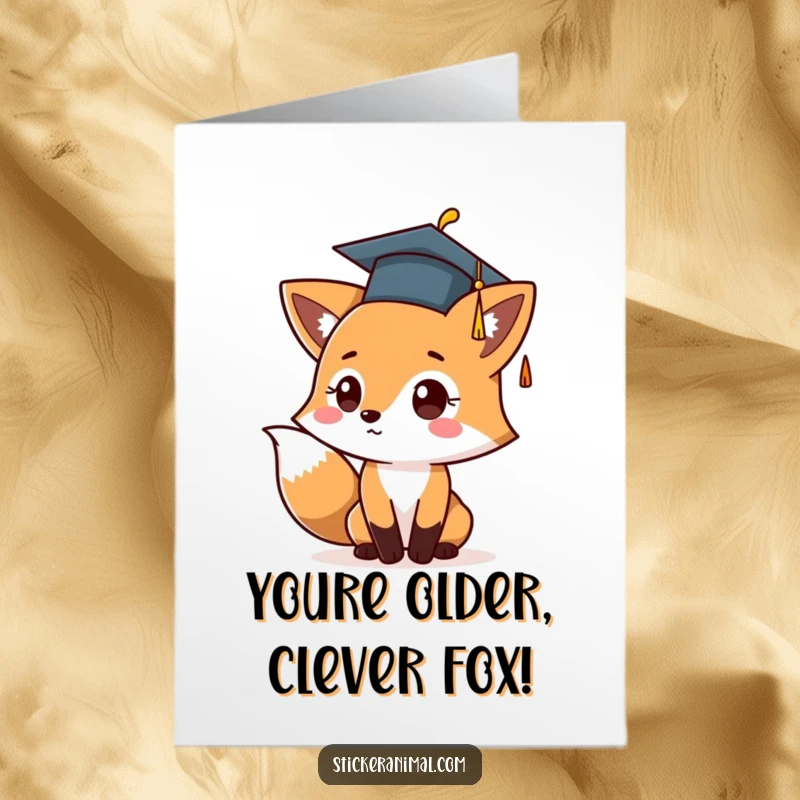 Funny Free Printable Birthday Card: Cute fox in a graduation cap, joyfully tossing it high in celebration.