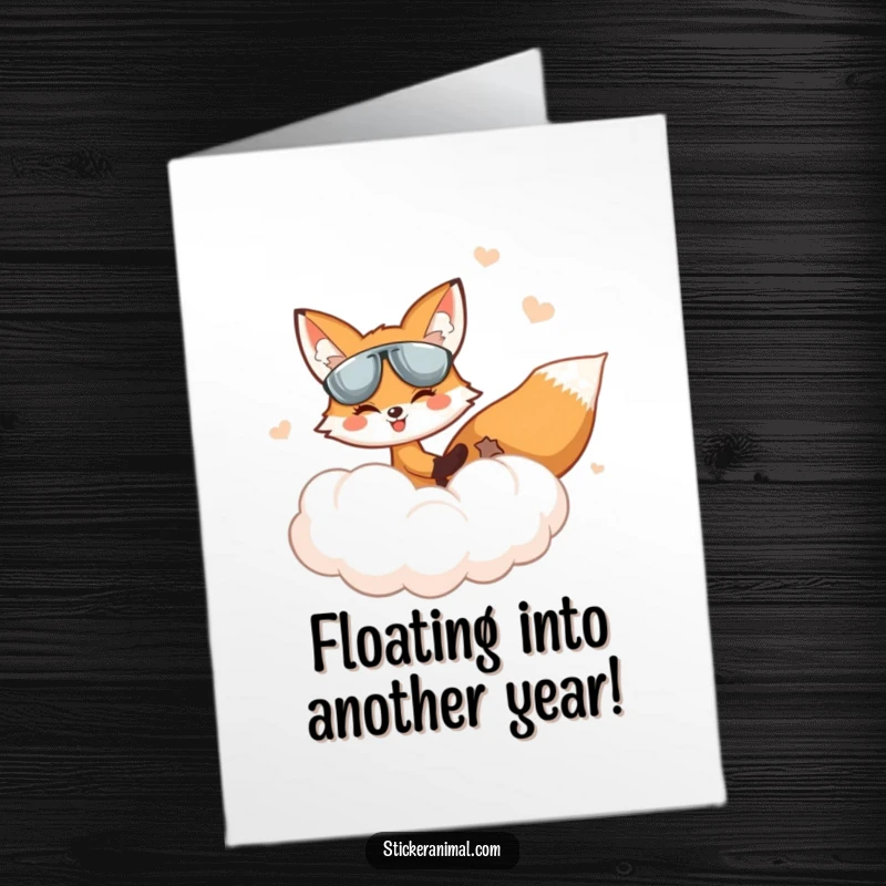 Funny free printable birthday card: A smiling fox pilots a fluffy cloud through a whimsical sky. Perfect for wishful thinkers.