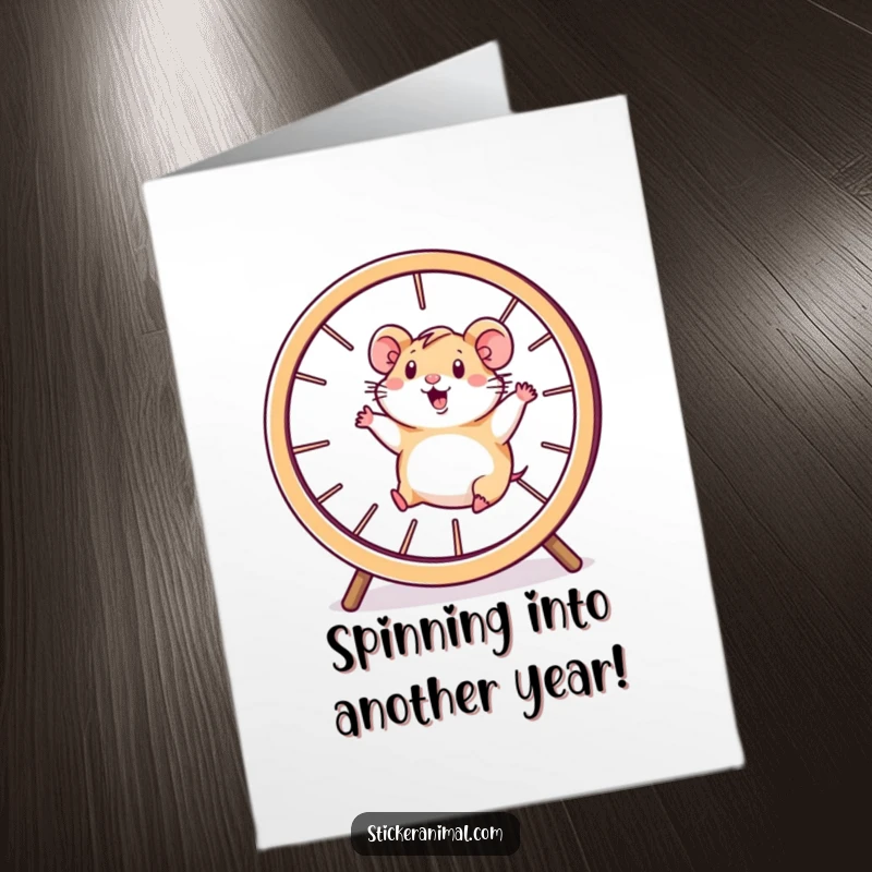Funny Free Printable Birthday Card: A happy hamster character sprinting inside a giant, fast-spinning wheel.