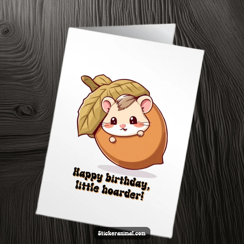 Funny Free Printable Birthday Card: Mischievous hamster peeking from behind a huge acorn, plotting fun.