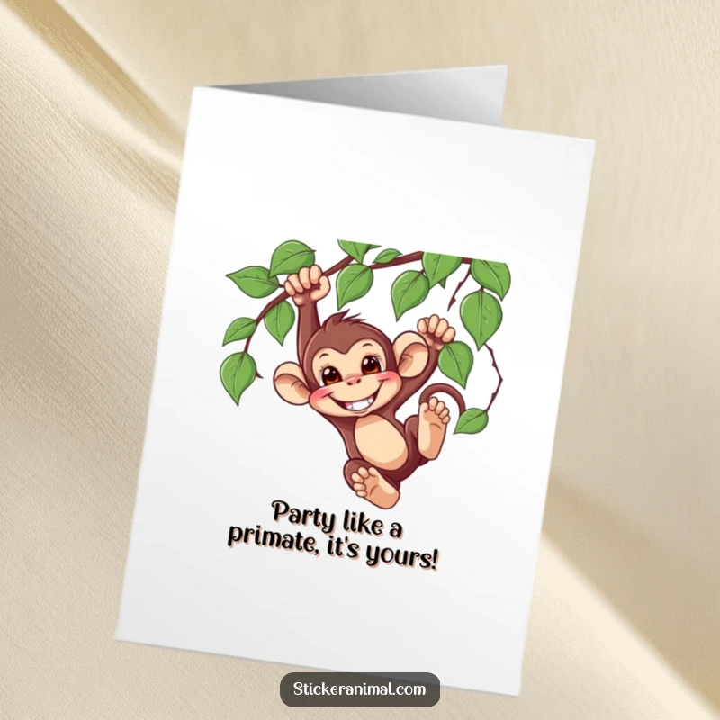 Funny Free Printable Happy Birthday card with a mischievous monkey character swinging gleefully from a vine, full of playful energy.