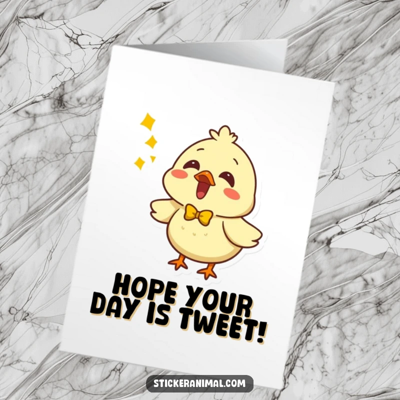 Funny Free Printable Birthday Card: Adorable chick in a yellow bow, singing joyfully to celebrate your special day.