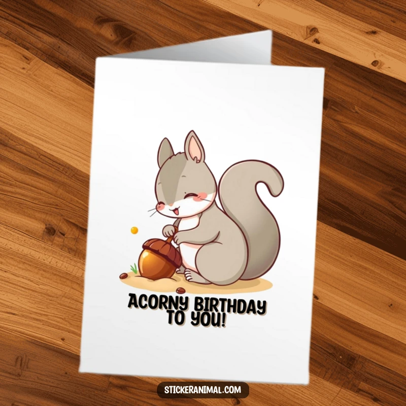 Funny Free Printable Birthday Card: A mischievous squirrel busily burying a large, shiny acorn in the autumn ground.