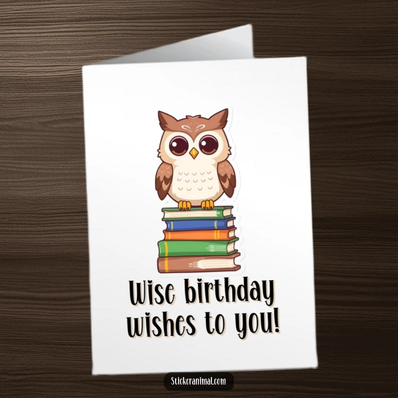 Funny Free Printable Birthday Card: A curious owl character wisely perched atop a tall stack of old books.