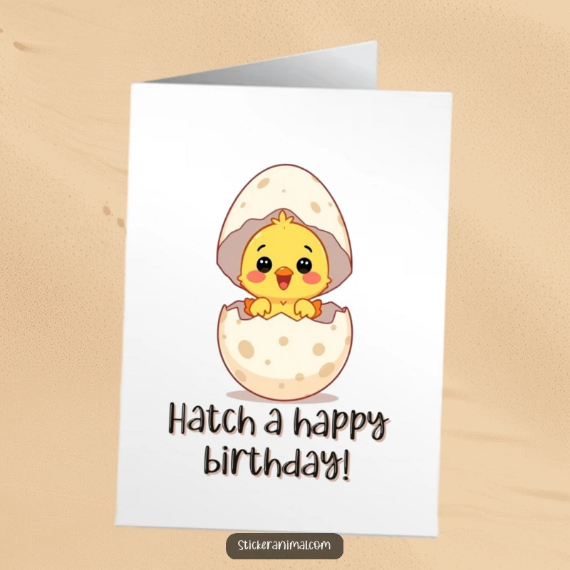 Funny Free Printable Birthday Card: Surprised chick joyfully hatches from a giant speckled egg, celebrating a new beginning.