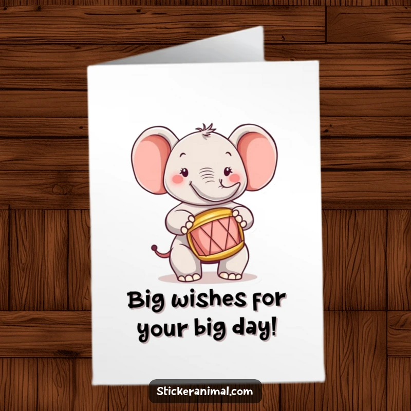 Funny Free Printable Birthday Card: Cheerful elephant playing a tiny drum with joyous abandon, ready to celebrate.