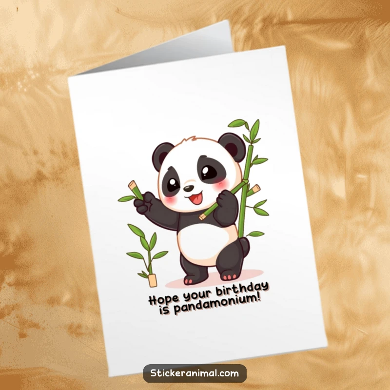 Funny Free Printable Birthday Card: A panda cub gleefully juggles bamboo shoots, celebrating a birthday with energy.