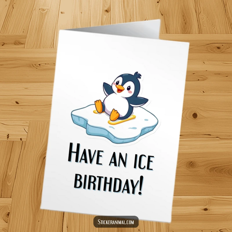 Funny Free Printable Birthday Card: A delighted penguin gleefully slides down a slippery icy slope with a huge smile.