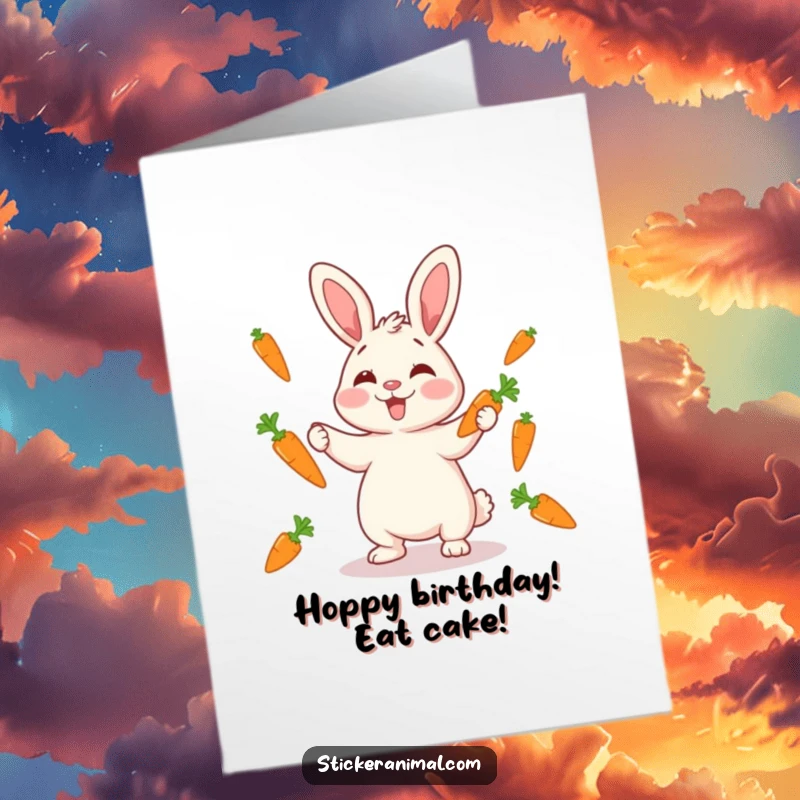 Funny Free Printable Birthday Card: Giggling rabbit skillfully juggling several bright orange carrots, adding playful energy.