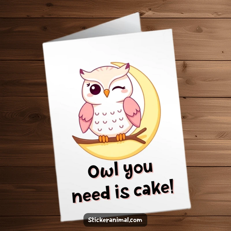 Funny Free Printable Birthday Card: A winking owl with a mischievous grin sits on a glowing crescent moon.